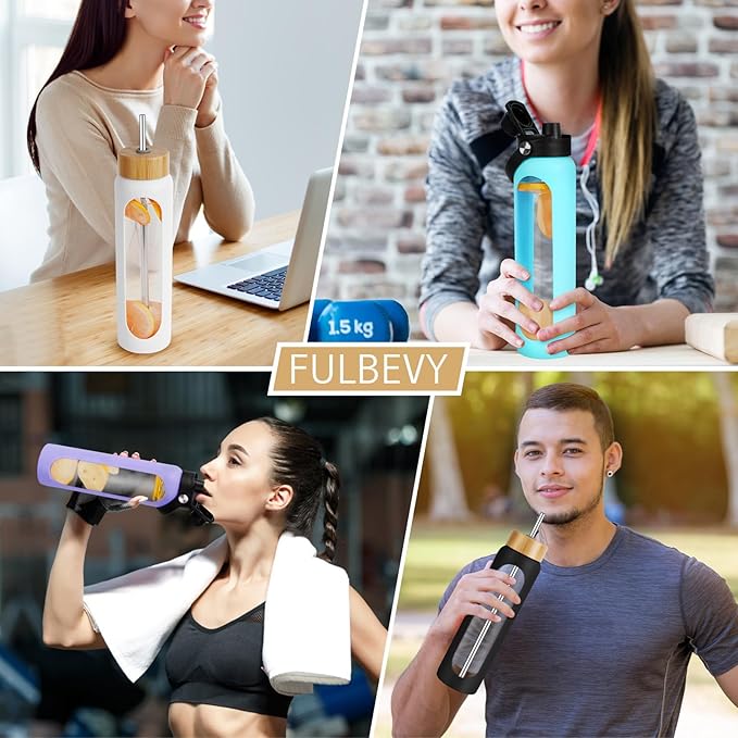 32 oz Glass Water Bottles - 1 Liter Motivational Tumbler Water Bottle Time Marker - Borosilicate Glass Water Bottle With Silicone Sleeve and 2 Lids, Handle Spout & Bamboo Straw Lid