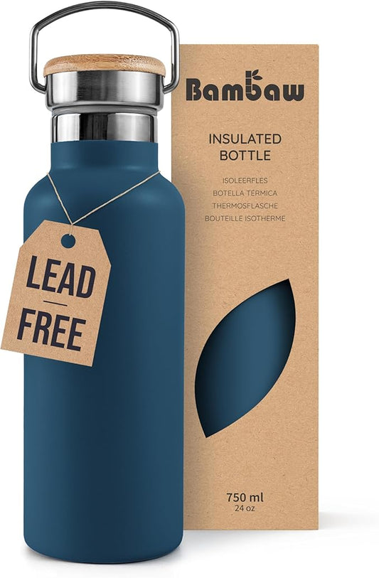 Bambaw Insulated Water Bottle 24oz, Blue Water Bottle for Hiking, Stainless Steel Water Bottle, Water Bottle with Handle, Metal Water Bottle Wide Mouth, Steel Water Bottle – Aegean Blue