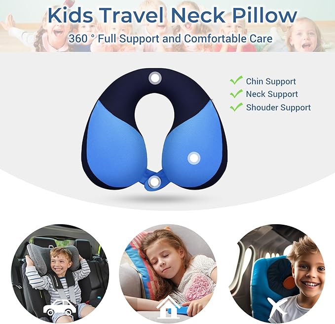 COOLBEBE Kids Travel Neck Pillow, Softly Double Support Travel Pillow for Car & Airplane, Traveling Gifts for Toddler & Children (1, Haze Blue)