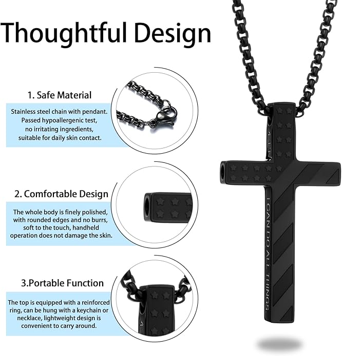 American Flag Cross Breathing Necklace for Women Men Quit Stop Smoking Stainless Steel Inspirational Bible Verse Anxiety Relief Mindfulness Jewelry for Stress Relief Christian Meditation Gift