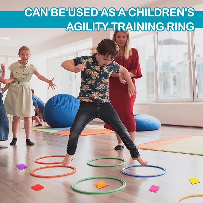 2 Sets of 2 in 1 Hopscotch and Beanbag Toss Kit Include Hopscotch Ring Game Set and Squares Set 8 Pcs Beanbags for Indoor Game Outdoor Agility Portable Summer Conditioning Agility Training