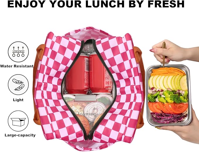 Joymee Lunch Bag Women Insulated Lunch Box Reusable Leakproof Large Spacious Cooler Tote for Women Men Adult with Bottle Holder and Side Pockets for Work Office Travel Picnic - Checker Pink