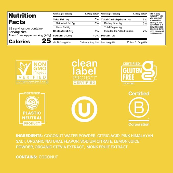 Cure Hydration | Plant-Based Electrolyte Drink Mix | No Added Sugar | FSA-HSA | Dehydration Relief Powder Made with Coconut Water | Non-GMO | Vegan | 28 Servings Jar - Lemonade