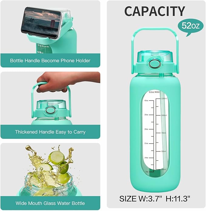42oz/52oz/64oz Glass Water Bolttles with Straw Half Gallon Large Motivational Water Bottle with Time Marker Sports Water Bottles with Silicone Sleeve and Handle Lid Water Jug for Gym Workout