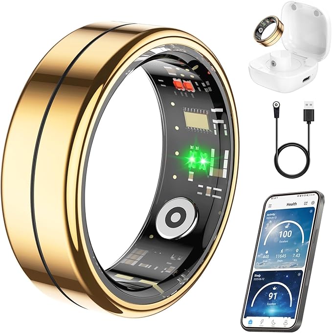 Fit Ring, Smart Health Rings for Women Men with Heart Rate,Blood Oxygen,HRV,Stress Level, Sleep Monitor, Step Tracker, No Subscription Fee, IP68 Waterproof Smart Ring for iphone &Android (Gold, 11#)