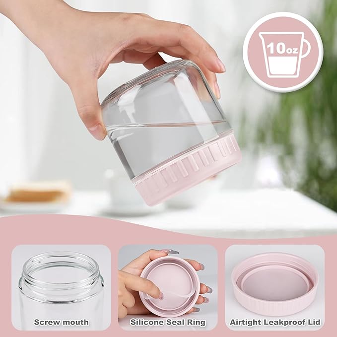 Overnight Oats Containers with Lids, 10oz Glass Jars with Lids 4 pcs, Pink, Wide Mouth Mason jars for Salad, Yogurt, Snacks, Meal Prep