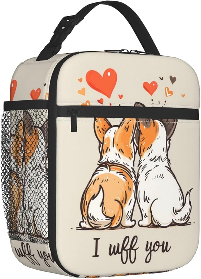 Cute Corgi Dog Pattern Insulated Lunch Box Gifts for Couples Kids Adults Romantic Heart Print Reusable Portable Lunchbox Cooler Lunchbag for Work Picnic School Travel or Hiking