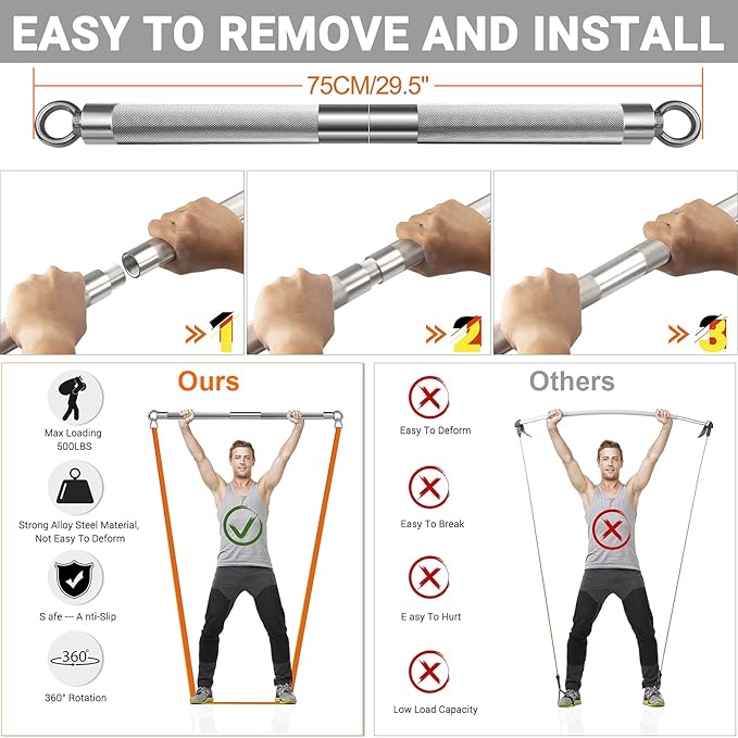 DASKING Detachable Resistance Bands Bar 30"/35.4"/38.5" Length Max Load 500LBS for Home Gym Full Body Workout Fitness Bar