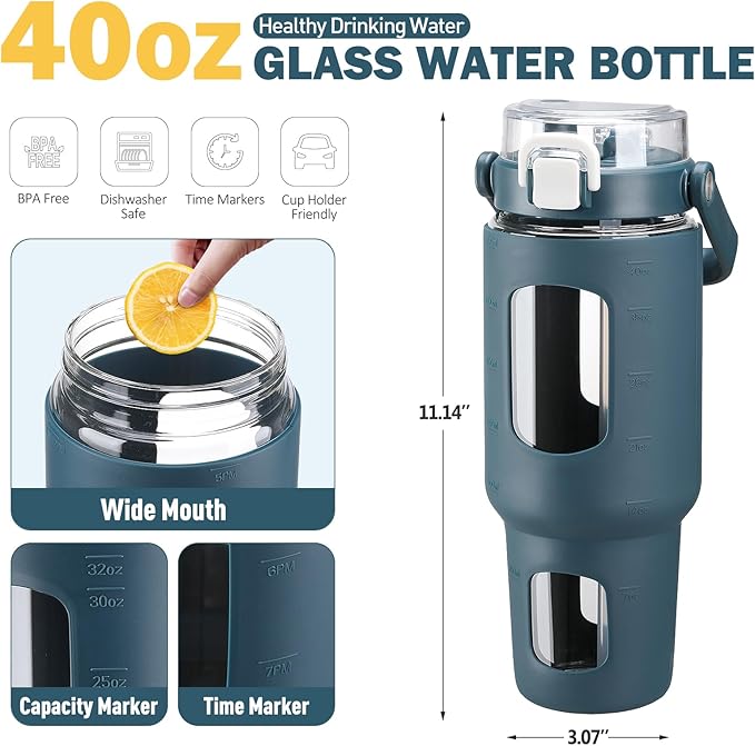 BLUEGO 40 oz Glass Water Bottles with Straw Time Marker, Glass Tumbler with Handle Top Lids, Easy to Clean, Fits in Car Cup Holder, Leakproof Jug for Gym, Sports, Workout & Daily, Dark Blue