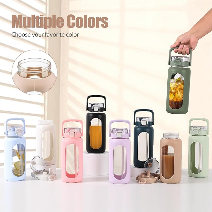 BLUEGO 64oz Glass Water Bottle with Handle and Straw, Motivational Sports Water Bottle with Time Marker and Silicone Sleeve Leakproof Drinking Bottle for Travel Gym Workout, Amber