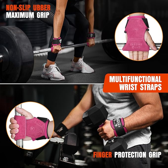 Lifting Wrist Straps for Weightlifting, Double Layer Leather for Weight Lifting Wrist Wraps, Deadlifts, Heavy Powerlifting and Adjustable Wrist Hooks for Strength Training, Gym Workouts Men/Women