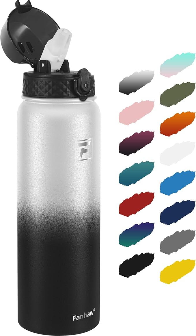 Fanhaw 32 Oz Stainless Steel Insulated Sports Water Bottles with Straw for Kids, Men and Women (White Black)