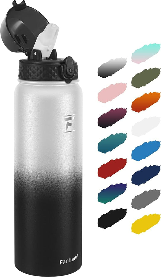 Fanhaw 32 Oz Stainless Steel Insulated Sports Water Bottles with Straw for Kids, Men and Women (White Black)