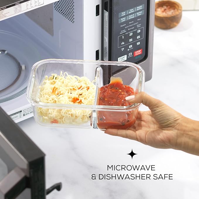 JoyJolt Divided Food Storage Containers with Lids Airtight. 5 Pack Glass Meal Prep Containers 2 Compartment Set Glass Bento Box. Reusable Food Containers, Portion Control Containers for Weight Loss