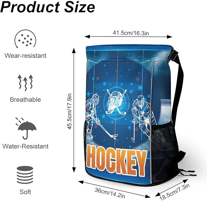 Hockey Drawstring Backpack - Cool Cinch Sack, String Backpacks with Pocket for Kids Women Men Boys Girls for Gym Outdoor Sports Travel Athletic Drawstring Bag - Lightweight/Foldable