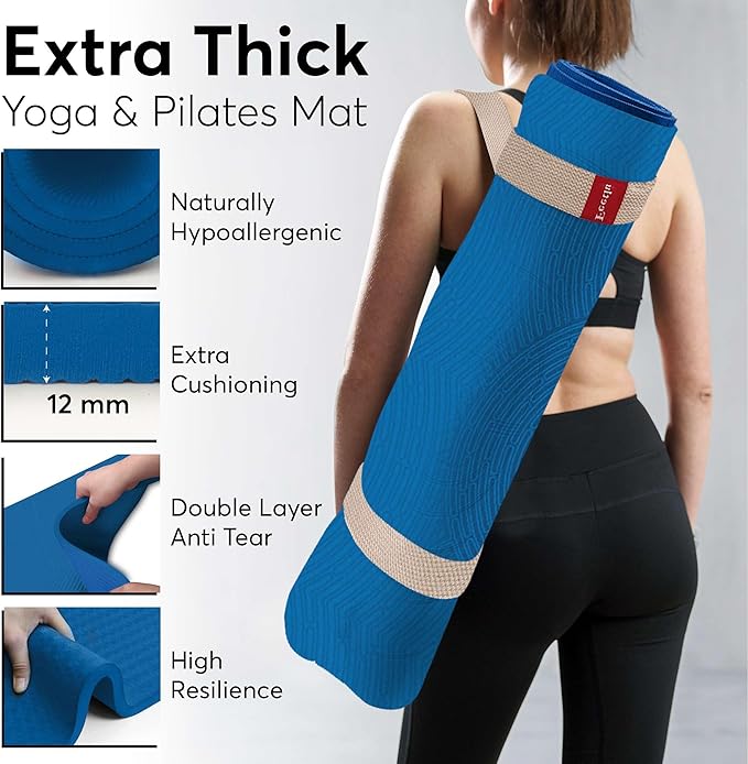 Extra Thick 12mm Exercise Mat – Non-Slip, Joint-Friendly & Cushioned Fitness Mat for Yoga, Pilates & Floor Workouts – Durable, Supportive & Includes Feetlu Classic Strap