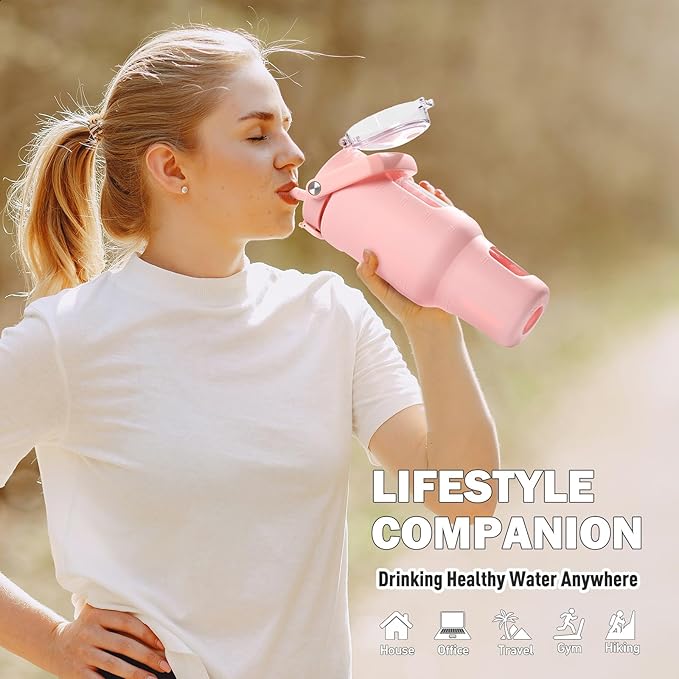 BLUEGO 40oz Glass Tumbler with Lid and Straw, Glass Water Bottles with Handle, Glass Cup with Time Marker and Silicone Sleeve, Fits Most Cup Holder, Leak-proof, Pink