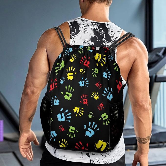 Hand Print Drawstring Backpack Gym Bag With Shoe Compartment String Bag Sport Beach Swimming Sackpack For Women Men