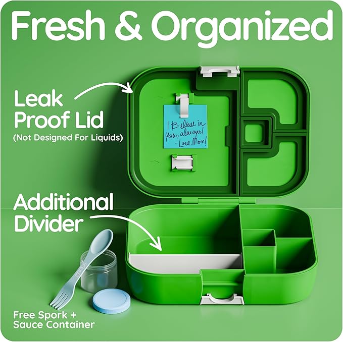 YOOPI Digital bento lunch box for kids offers ideal portion sizes. Leakproof, lightweight and dishwasher-safe, this durable bento box for kids & toddler is also BPA-free, available in a vibrant Green