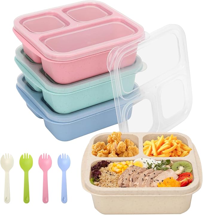 Adult Lunch Box - 4 Pack, Reusable Food Storage Snack Containers - Stackable for Work, and Travel (670ml 3 Cells)