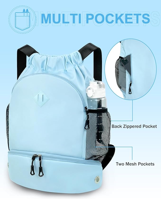 Drawstring Backpack Gym Backpack with Shoe Compartment for Men Women String Sports Bag with Wet Pocket Cinch Swim Beach Bag, Blue (Patent Pending)