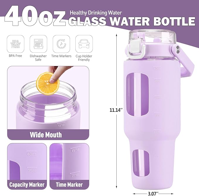 BLUEGO 40oz Glass Tumbler with Lid and Straw, Glass Water Bottles with Handle, Glass Cup with Time Marker and Silicone Sleeve, Fits Most Cup Holder, Leak-proof, Purple