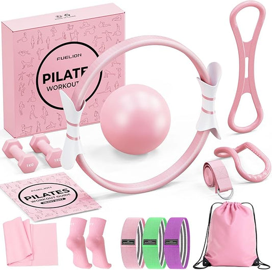 Pilates Ring Set for Women, Home Workout Pilates Equipment with Resistance Bands, 14'' Magic Circle, Mini Ball, Pilates Starter Kit for Strength, Toning and Flexibility, Workout Guide Included