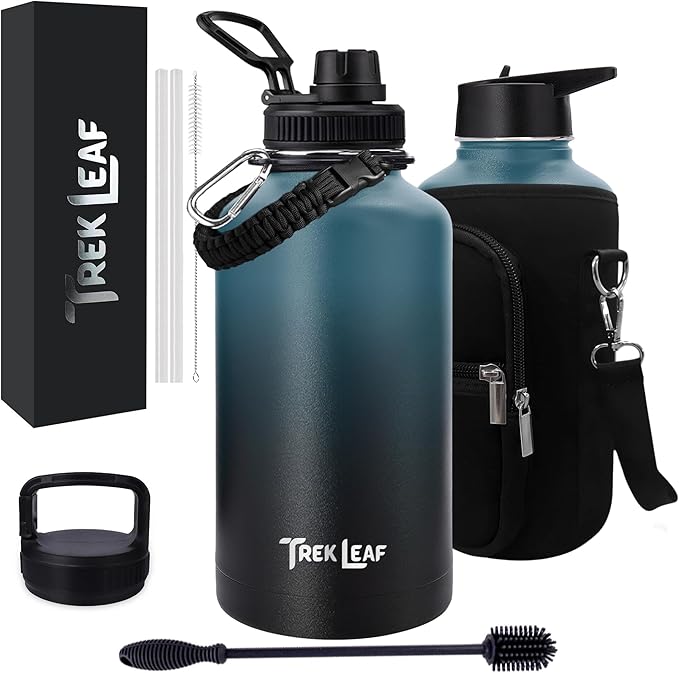 Travel Water Bottle with Carrying Bag, 3 Lids (Spout, Straw, Handle), and Bottle Brush; Leak Proof, Quality, Vacuum Insulated, Stainless Steel (Cascade Shadow, 64 oz)