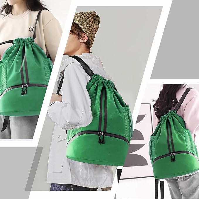 Hoedia Sports Drawstring Backpack - String Swim Gym Bag with Shoes Compartment and Wet Proof Pocket for Women/Men (Dark Green)