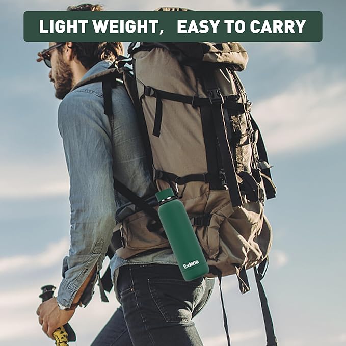 Slim Insulated Water Bottles for Travel 18oz with Clip, Double Wall Vacuum Stainless Steel Water Bottle Keeps Drinks Cold 24 Hrs/Hot 12 Hrs, 100% Leakproof, BPA Free(Emerald Green)