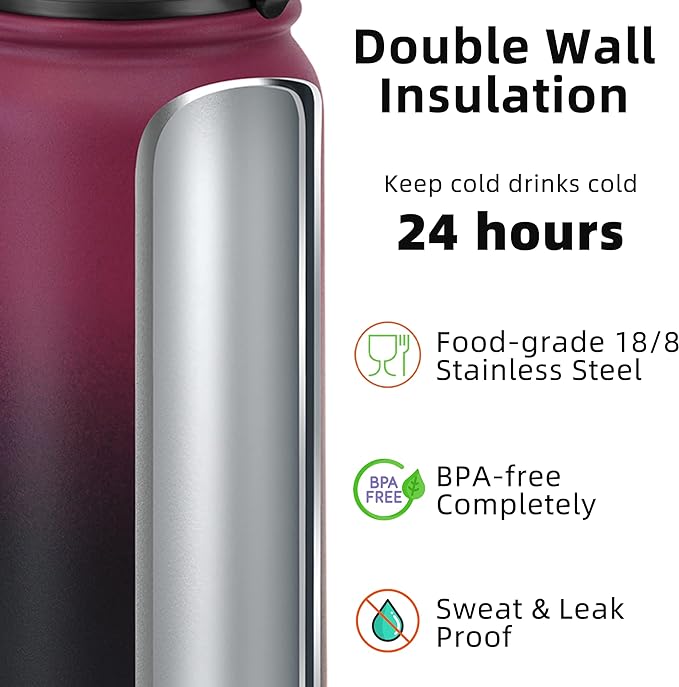 Fanhaw 20 Oz Stainless Steel Insulated Sports Water Bottles with Straw for Kids, Men and Women (Red Black)