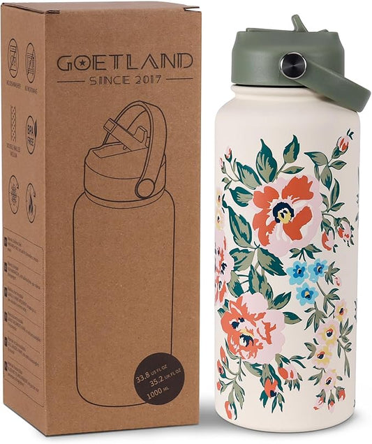 Goetland Flowers Water Bottle Beverage Bottle with Straw Lid 32 oz Stainless Steel Wide Mouth Vacuum Insulated Cute UV Printing Leak Proof For Women Girls Kids Gray Green