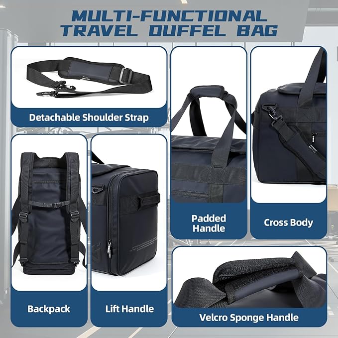 Duffle Backpack Heavy Duty Gym Bag for Men, 50L Convertible Travel Duffel Water Resistant Large Hand Bag for Sport Weekend, Black