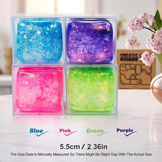 Slow Rise Glitter Square Squishy Cubes for Adults Pack of 3, Gel Cube Stress Cube, Squishy Stress Balls, Malt Sugar Nice Stress Cubes Squeeze Balls for Anxiety Relief(Purple/Blue/Pink)
