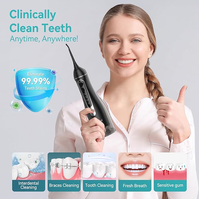 Water Dental Flossers for Teeth, 300ML Cordless Portable Electric Water Flosser, 4 Modes Oral Irrigator, Waterproof Rechargeable Water Floss for Deep Cleaning, Plaque Remover,Braces Home Travel Use