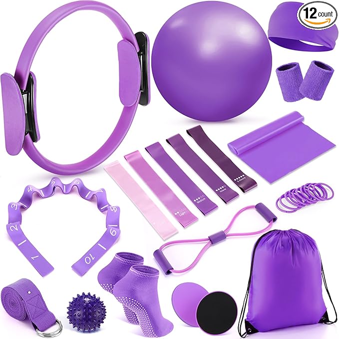 Poen 18 Pcs Pilates Ring Kit Home Pilates Ring Circle and Ball Set for Women Yoga Fitness Set with 5 Resistance Band Stretching Strap Non Slip Sock Ball Core Slider Wristband Headband Gym Bag(Purple)