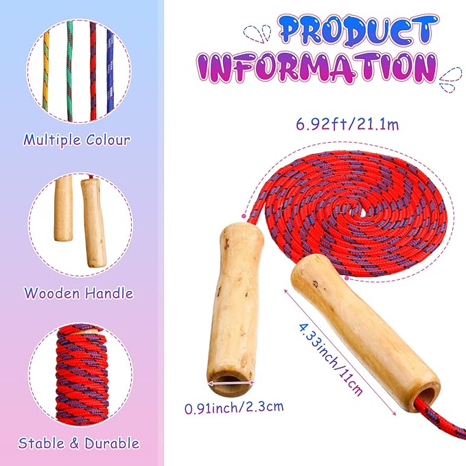 Aoriher 12 Pcs Jump Ropes for Kids Adjustable 7 ft Cotton Skipping Ropes with Wooden Handle for Students Fitness Outdoor Exercise Workout Fun Activity, Random Color
