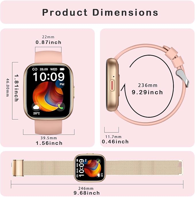 Smart Watches for Women, 1.85" Fitness Watch Answer/Make Calls, Fitness Tracker with Pedometer/Calories, 24/7Heart Rate/SpO2/Sleep Tracker, Waterproof Smart Watch for Android iPhone(2 Straps)