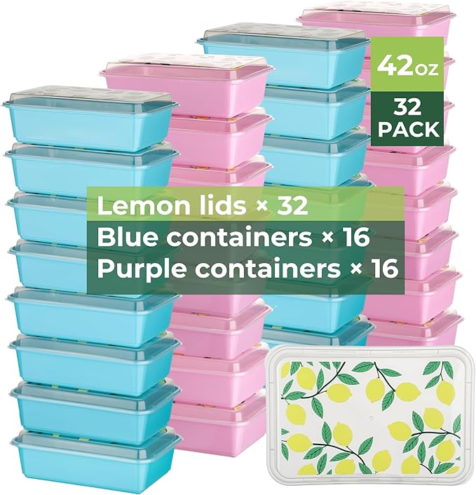 32 Pack 42 oz Meal Prep Containers, Reusable Plastic Food Prep Storage Containers with Printed Lids, Stackable, Leakproof, Microwave & Freezer & Dishwasher Safe,To Go Take Out Box, Lemon