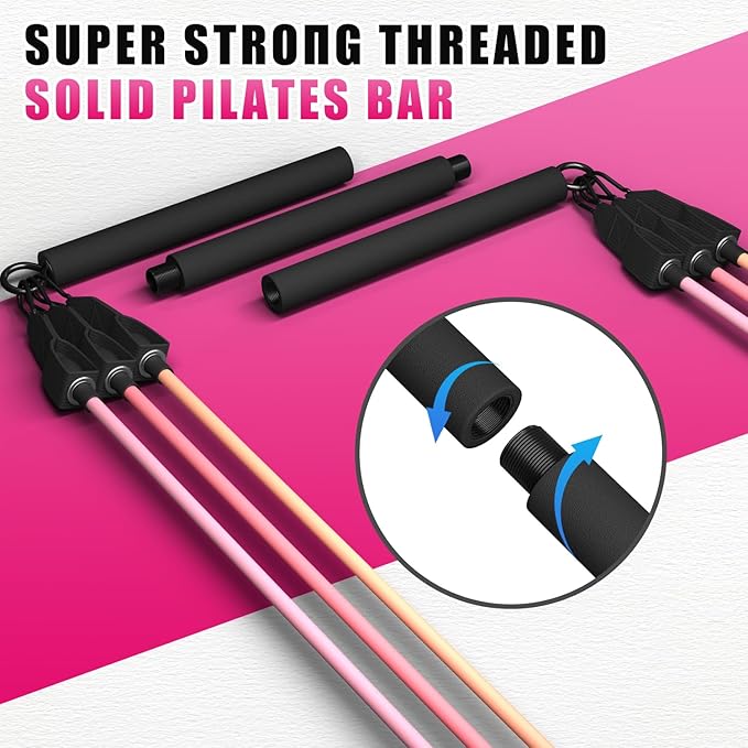 VEICK Pilates Bar Kit with Resistance Bands, Elastic Workout Bands for Men and Women, Set of 5 Resistance Loop Bands for Home Fitness, Stretching, Strength Training, Physical Therap