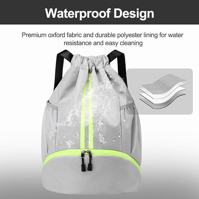 Hoedia Sports Drawstring Backpack - String Swim Gym Bag with Shoes Compartment and Wet Proof Pocket for Women&Men
