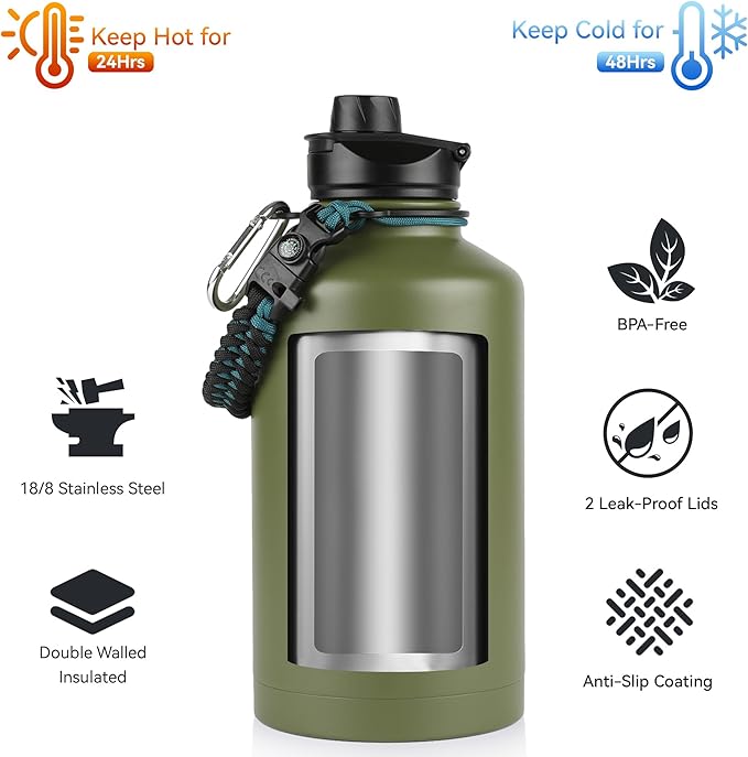 64 oz Insulated Water Bottle with Straw & Spout Lids, Stainless Steel Metal Half Gallon Water Jug with Paracord Handle, Double Wall Vacuum, Leakproof, Keep Drinks Cold & Hot, Army Green
