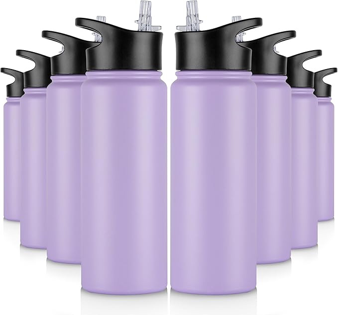 24 oz Insulated Water Bottle Bulk 8 Pack, Stainless Steel Sports Water Bottles with Straw Lid & Wide Mouth Lids, Double Walled Vacuum, Leak Proof, Purple