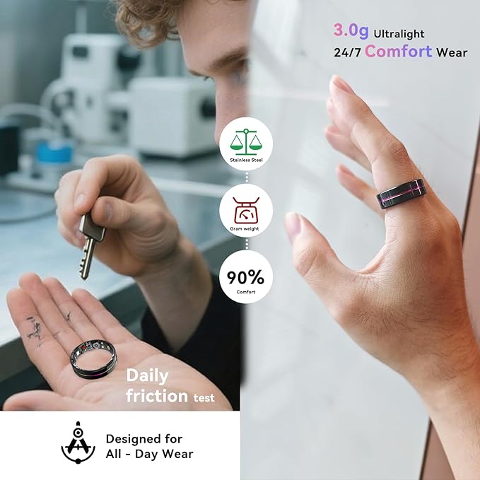 Smart Ring for Women Men,Health Fitness Tracker with Sleep/Blood Pressure/Oxygen Monitoring, Heart Rate & Activity Tracking,IP68 Waterproof, 7-Day Battery,No Subscription Fee 3-Black 13 FRAY