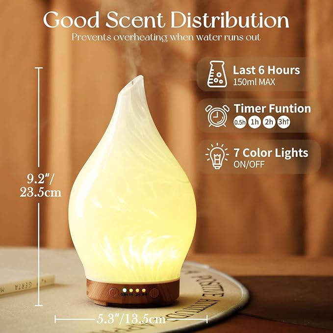 Porseme 150ml Essential Oil Diffuser Glass Color Changing Aroma Air Diffusers Aromatherapy Ultrasonic Cool Mist Humidifier 6 Running Hours Waterless Auto-Off for Sleeping Yoga Office Spa (White Wave)