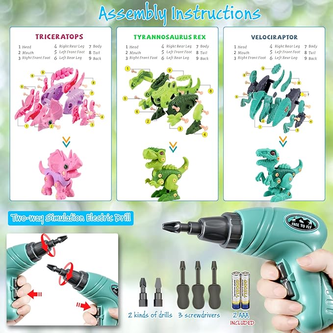 FREE TO FLY Dinosaur Toys for 3 4 5 6 7 8 Year Old: Take Apart Dinosaur Learning Toys for Kids 3-5 5-7, STEM Building Construction Set with Electric Drill, Birthday Girls Boys