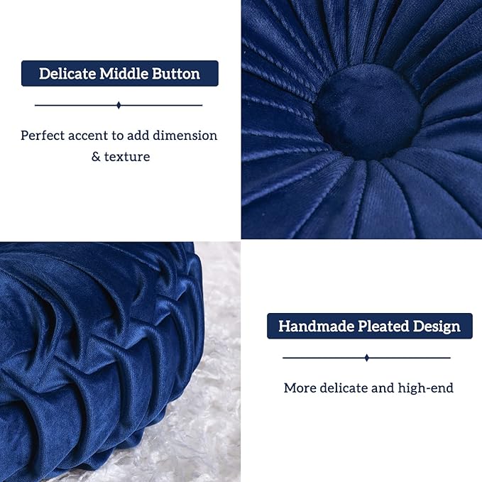 HIG Set of 2 Decorative Round Pleated Throw Pillows, Classy Accent Pumpkin Throw Pillows with Center Button, Vintage Velvet Floor Pillows for Sofa Couch Vanity Chair Bed, Navy, 14.5" Diameter(Ripple)