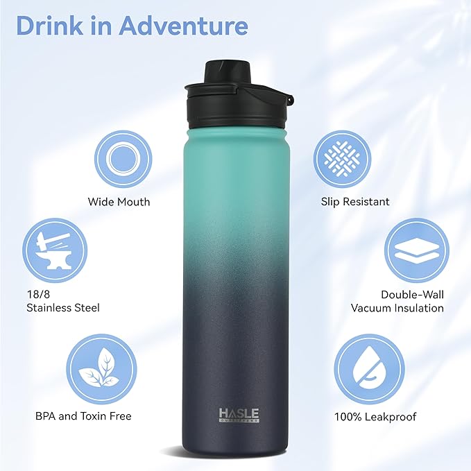 HASLE OUTFITTERS Insulated Water Bottle 22 oz Double Wall Stainless Steel Water Bottle Wide Mouth with Straw Lid & Spout Lid Keeps Cold or Hot(Green Blue Gradient,1)