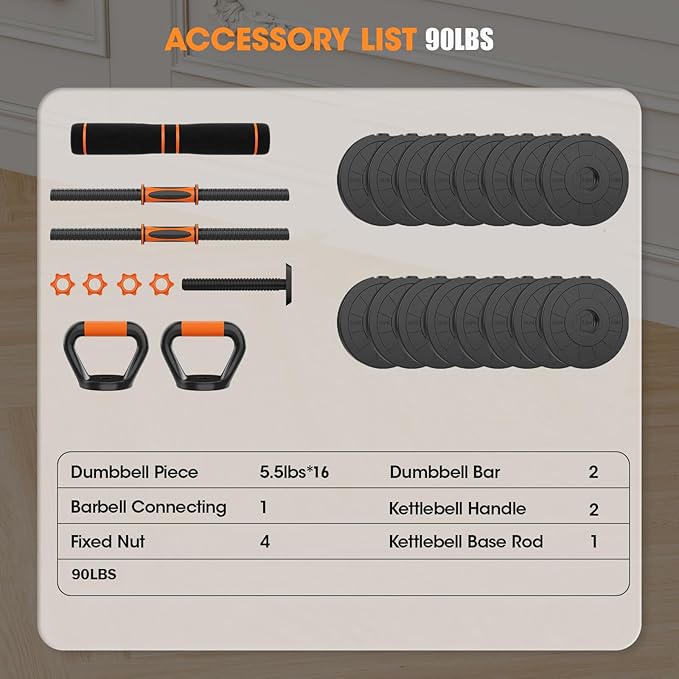 Adjustable Dumbbell Set 20LBS/50LBS/70LBS/90LBS Free Weights Dumbbells,4 in1 Weight Set,Dumbbell, Barbell, Kettlebell, Push-up, Home Gym Fitness Workout Equipment for Men Women