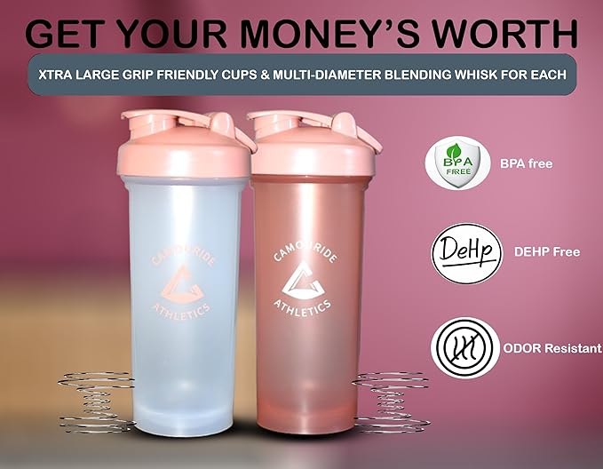 2 Pack 45 oz Protein Shaker Bottles with Wire Whisk – BPA-Free, Leak-Proof Shaker Cups for Protein Shakes & Smoothies – Large Plastic Mixer Bottle – Classic White & Bec Pink